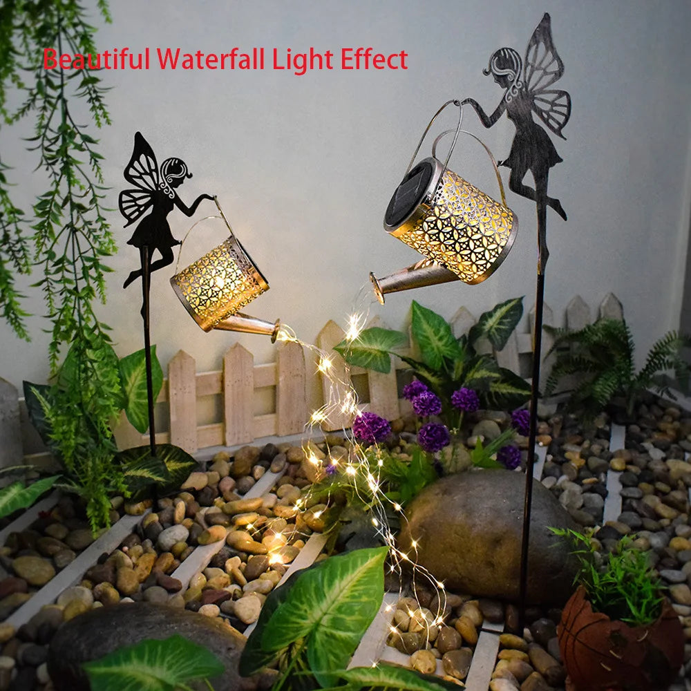 Solar Watering Can Light Outdoor Garden Decoration – Hollow Iron LED Projection Lamp, Waterproof Landscape Ground Stake Light