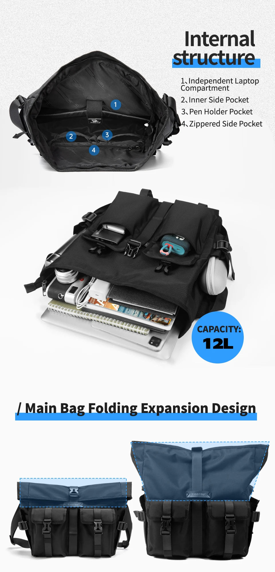 Tigernu Fashion Shoulder Bags For Men Crossbody Bags Male Expandable Bags 13.3inch Laptop Bag Messenger Bag Boys Handbag Sling