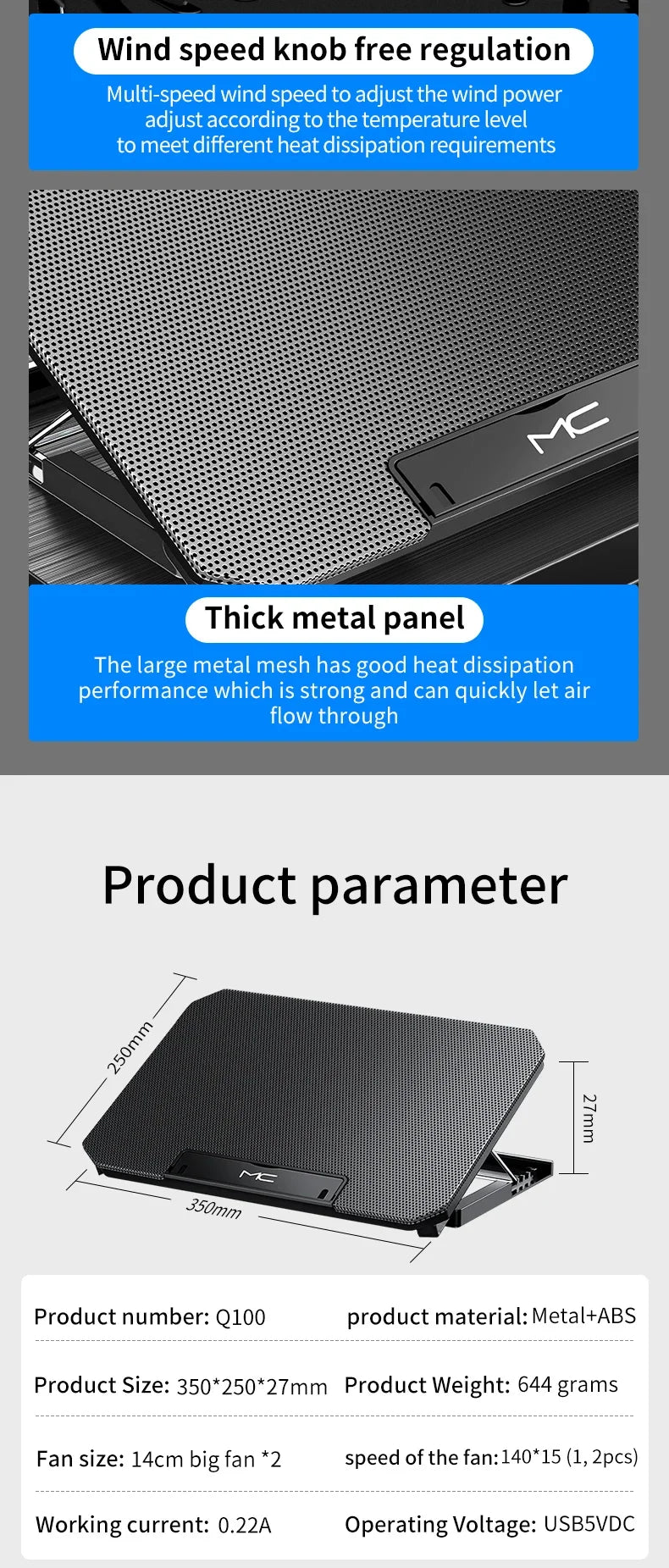 Q100 17inch Gaming Laptop Cooler Fan Led Screen Two USB Port 2600RPM Laptop Cooling Pad Notebook Stand For Laptop fan cooler